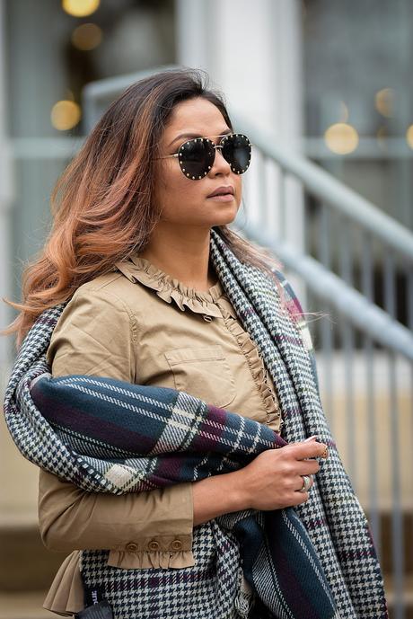 how to wear a plaid scarf, bell bottom jeans, spring style, street style, fashion blogger, style, frill j crew blazer, woven beach bag, myriad musings