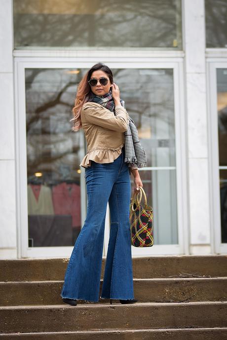 how to wear a plaid scarf, bell bottom jeans, spring style, street style, fashion blogger, style, frill j crew blazer, woven beach bag, myriad musings