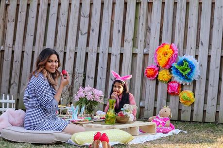 easter egg roll, easter backyard picnic, spring summer picnic, evening backyard party, tablescape for easter, sarah jessica parker gingham gap dress, lifestyle, mommy daughter blogger, myriad musings