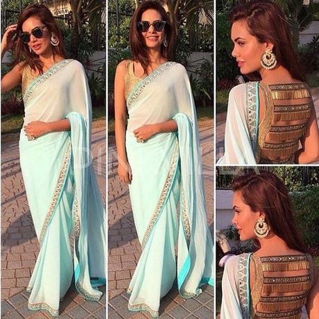 Esha Gupta’s aqua blue chiffon saree