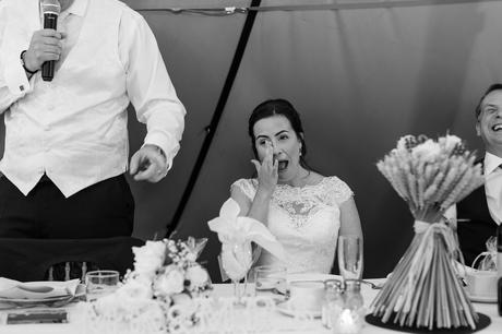 Bell Hall Wedding Photography speeches inside the tipi bride crying