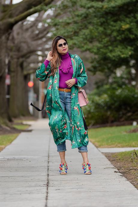 HOW TO wear a kimono without looking like you rolled out of bed, green kimono with embellished boyfriend jeans, dc blogger, style, fashion, street style, ruffled sweater, pom pom heels, gucci p;ink marmont bag, ray ban , myriad musings