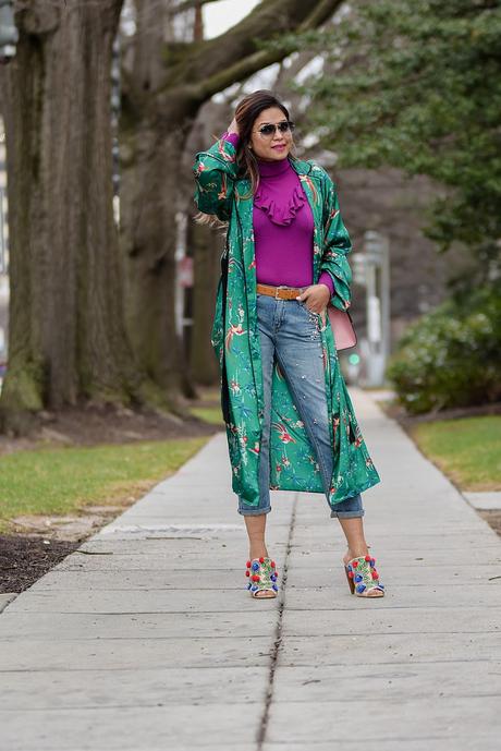 HOW TO wear a kimono without looking like you rolled out of bed, green kimono with embellished boyfriend jeans, dc blogger, style, fashion, street style, ruffled sweater, pom pom heels, gucci p;ink marmont bag, ray ban , myriad musings