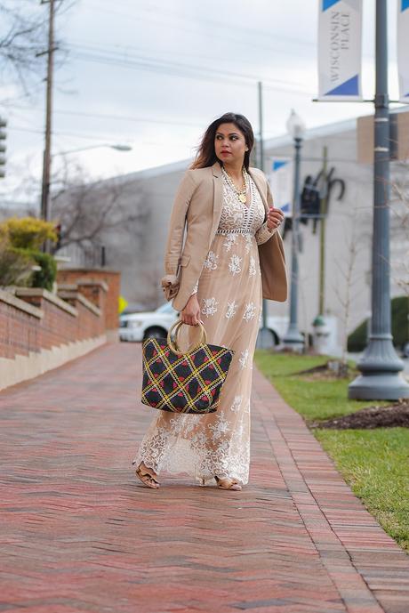 how to wear a lace dress. beige forever 21 lace dress, maxi spring outfit, ruffled heels, monochromatic outfit, street style, straw bag, wedding style, myriad musings 