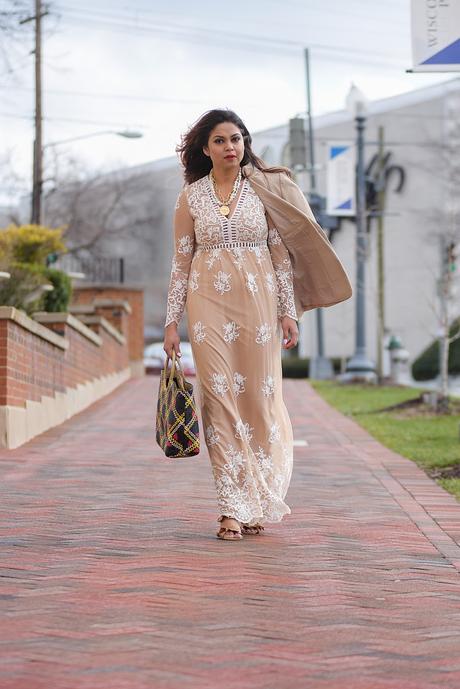 how to wear a lace dress. beige forever 21 lace dress, maxi spring outfit, ruffled heels, monochromatic outfit, street style, straw bag, wedding style, myriad musings 