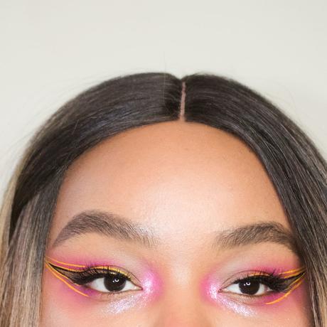  yellow makeup, pink makeup, summer festival glitter eye makeup 