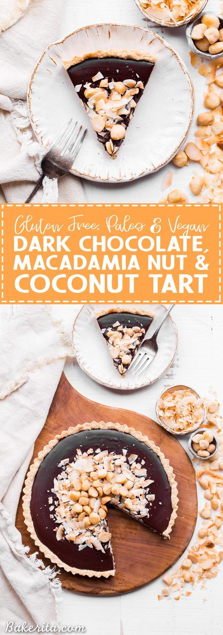 This Dark Chocolate, Coconut & Macadamia Nut Tart is decadent, delicious and easy to make. It has a coconut crust that's filled with a luscious chocolate ganache and topped with toasted coconut and macadamia nuts. You'd never guess that this nutty tart is gluten-free, vegan, Paleo, and refined sugar-free!