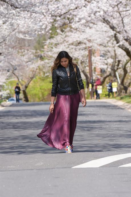 DC japanese cherry blossom festival, sakura, cherry blossom,, spring outfit, dc life, washington mag, lifestyle blogger, style blog, maxi pleated skirt, quilted bomber jacket, gucci marmont bag, balayage hair highlights, myriad musings 