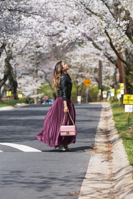 DC japanese cherry blossom festival, sakura, cherry blossom,, spring outfit, dc life, washington mag, lifestyle blogger, style blog, maxi pleated skirt, quilted bomber jacket, gucci marmont bag, balayage hair highlights, myriad musings 