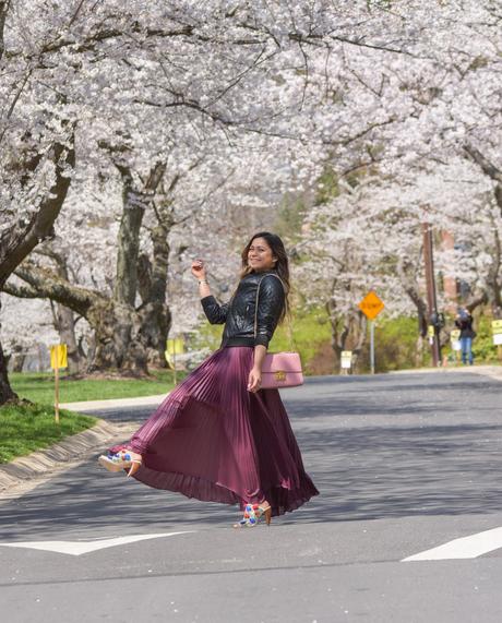 DC japanese cherry blossom festival, sakura, cherry blossom,, spring outfit, dc life, washington mag, lifestyle blogger, style blog, maxi pleated skirt, quilted bomber jacket, gucci marmont bag, balayage hair highlights, myriad musings 