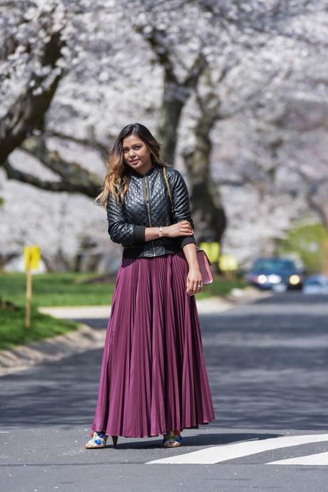 DC japanese cherry blossom festival, sakura, cherry blossom,, spring outfit, dc life, washington mag, lifestyle blogger, style blog, maxi pleated skirt, quilted bomber jacket, gucci marmont bag, balayage hair highlights, myriad musings 