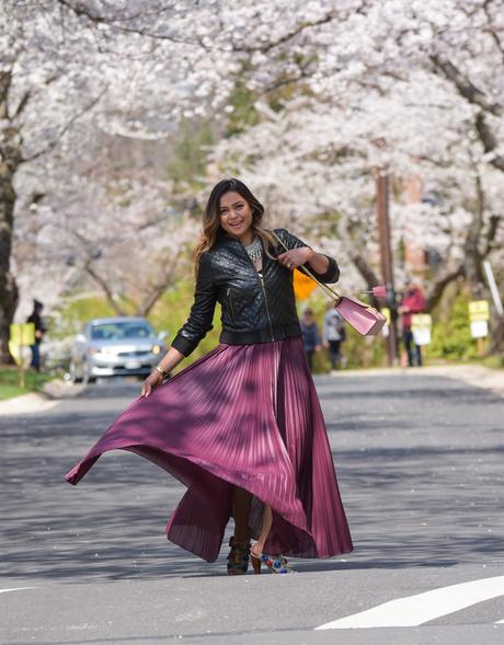 DC japanese cherry blossom festival, sakura, cherry blossom,, spring outfit, dc life, washington mag, lifestyle blogger, style blog, maxi pleated skirt, quilted bomber jacket, gucci marmont bag, balayage hair highlights, myriad musings 