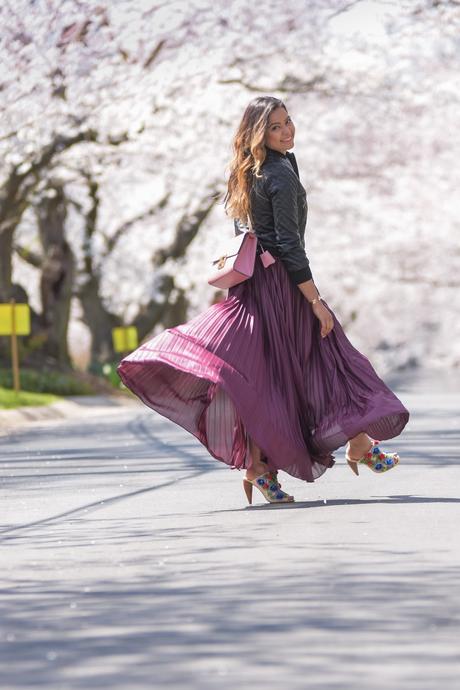 DC japanese cherry blossom festival, sakura, cherry blossom,, spring outfit, dc life, washington mag, lifestyle blogger, style blog, maxi pleated skirt, quilted bomber jacket, gucci marmont bag, balayage hair highlights, myriad musings 