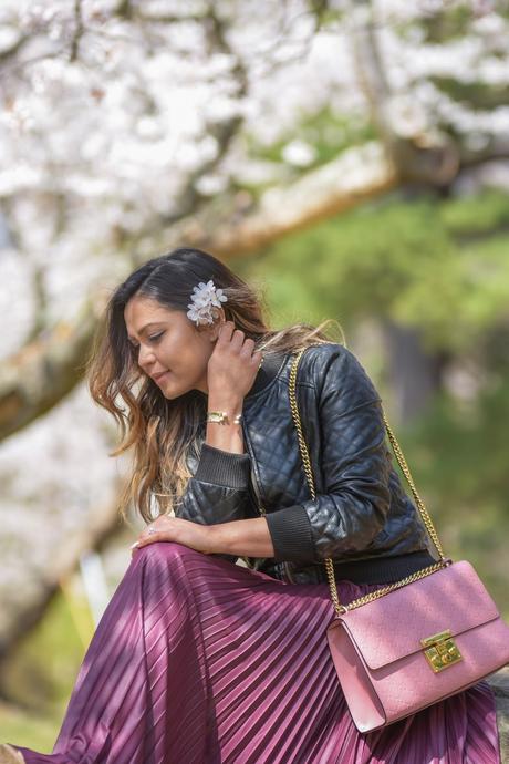 DC japanese cherry blossom festival, sakura, cherry blossom,, spring outfit, dc life, washington mag, lifestyle blogger, style blog, maxi pleated skirt, quilted bomber jacket, gucci marmont bag, balayage hair highlights, myriad musings 