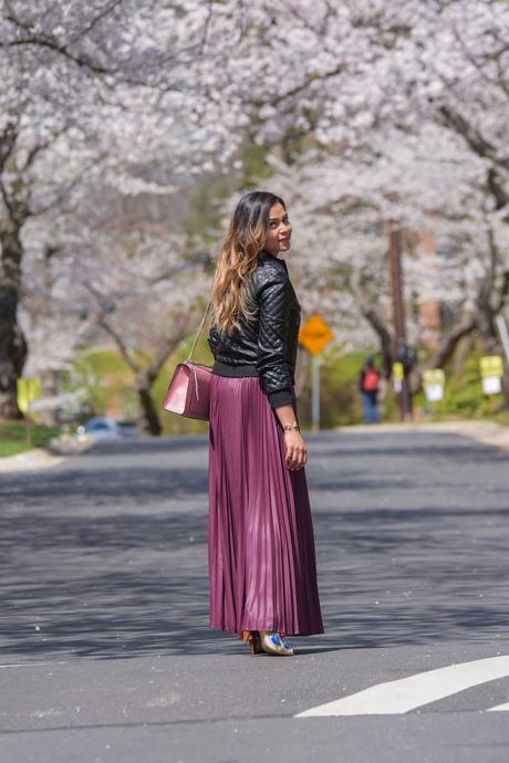 DC japanese cherry blossom festival, sakura, cherry blossom,, spring outfit, dc life, washington mag, lifestyle blogger, style blog, maxi pleated skirt, quilted bomber jacket, gucci marmont bag, balayage hair highlights, myriad musings 