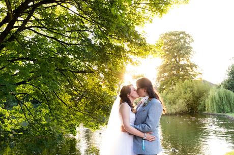 Brides kissing in the sunset East Riddlesden Hall Wedding Photography