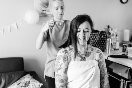East Riddlesden Hall Wedding Photography bride prep with tattooed bride