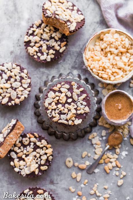 These No-Bake Crispy Chocolate Almond Butter Cups are rich, decadent, and so delicious, with a crispy almond butter layer topped with dark chocolate. The crisp comes from crispy brown rice cereal! You'd never guess these almond butter cups were gluten-free, refined sugar-free, and vegan. 