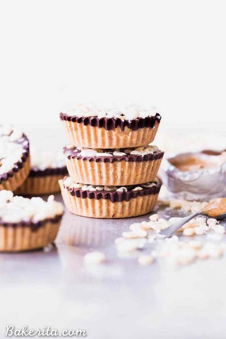 These No-Bake Crispy Chocolate Almond Butter Cups are rich, decadent, and so delicious, with a crispy almond butter layer topped with dark chocolate. The crisp comes from crispy brown rice cereal! You'd never guess these almond butter cups were gluten-free, refined sugar-free, and vegan. 