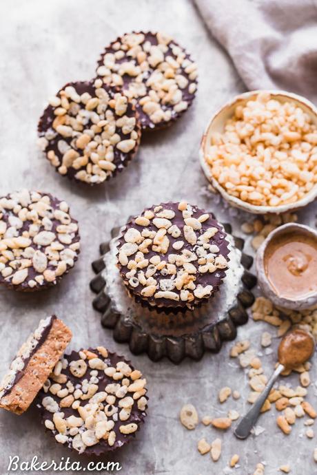 These No-Bake Crispy Chocolate Almond Butter Cups are rich, decadent, and so delicious, with a crispy almond butter layer topped with dark chocolate. The crisp comes from crispy brown rice cereal! You'd never guess these almond butter cups were gluten-free, refined sugar-free, and vegan. 