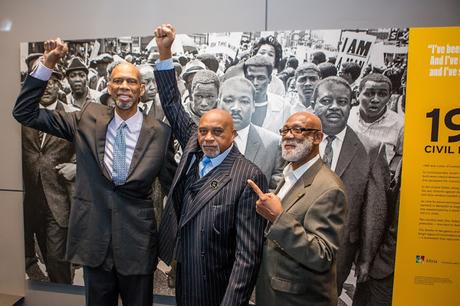 Dr. Tommie Smith (center) and Dr. John Carlos (right) both accepted Newseum Free Expression Awards for their protest on the medal podium at the 1968 Summer Olympics.