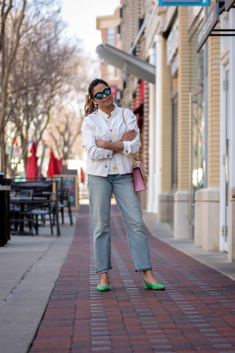 five denim styles to wear, spring ootd, white denim jacket, casual ootd, green talbots sandals, bee, dc fashion, bow sweater, myriad musings 