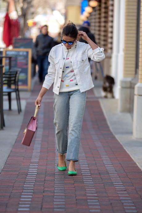 five denim styles to wear, spring ootd, white denim jacket, casual ootd, green talbots sandals, bee, dc fashion, bow sweater, myriad musings 