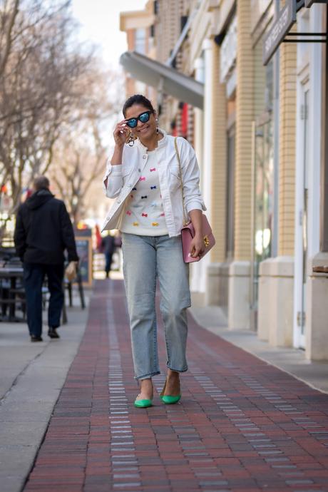 five denim styles to wear, spring ootd, white denim jacket, casual ootd, green talbots sandals, bee, dc fashion, bow sweater, myriad musings 