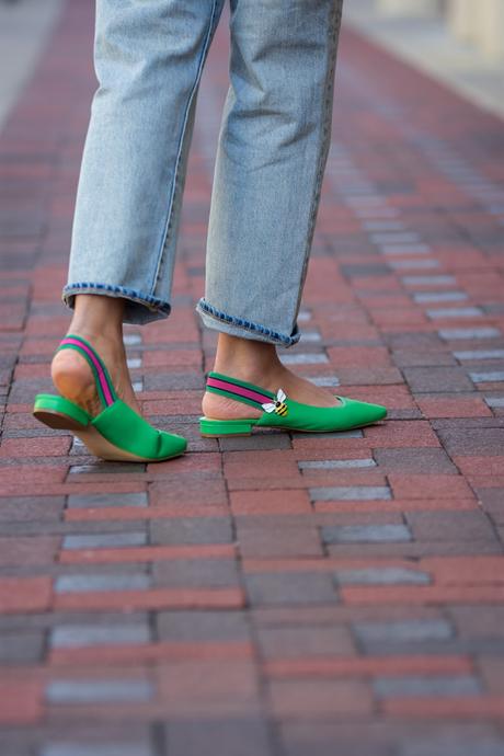 five denim styles to wear, spring ootd, white denim jacket, casual ootd, green talbots sandals, bee, dc fashion, bow sweater, myriad musings 