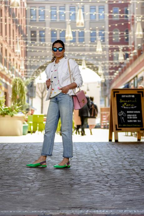 five denim styles to wear, spring ootd, white denim jacket, casual ootd, green talbots sandals, bee, dc fashion, bow sweater, myriad musings 