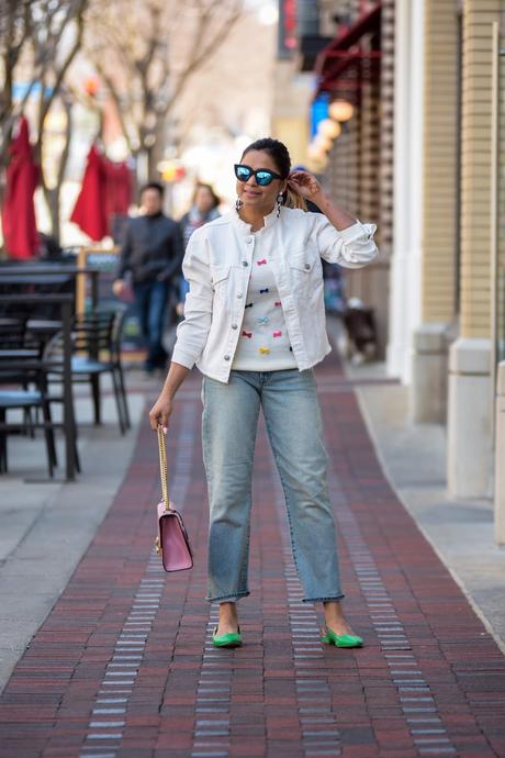 five denim styles to wear, spring ootd, white denim jacket, casual ootd, green talbots sandals, bee, dc fashion, bow sweater, myriad musings 