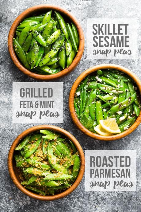 How to cook sugar snap peas- three bowls with Garlic sesame snap peas, grilled snap peas with feta and mint, and roasted snap peas with parmesan.