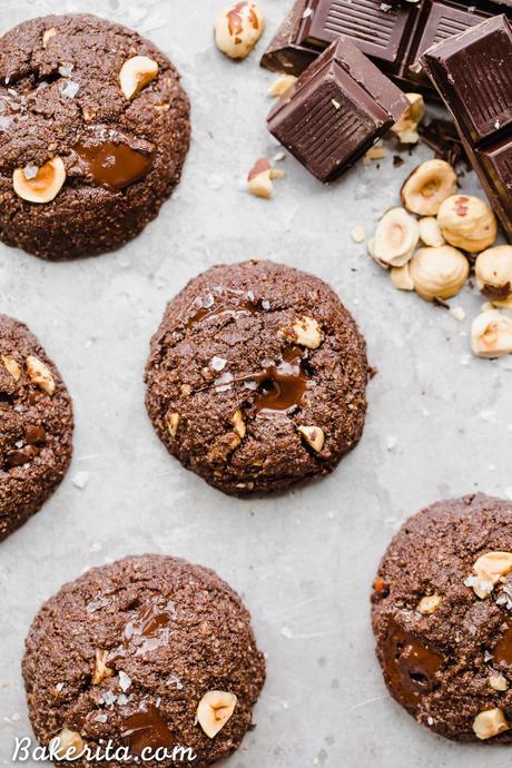 These Double Chocolate Hazelnut Cookies are soft, fudgy, and incredibly chocolatey! These irresistible cookies are loaded with melty dark chocolate chunks and crunchy hazelnuts, and you'd never guess they're gluten-free, paleo, and vegan. 