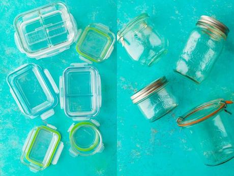 glass meal prep containers on blue background