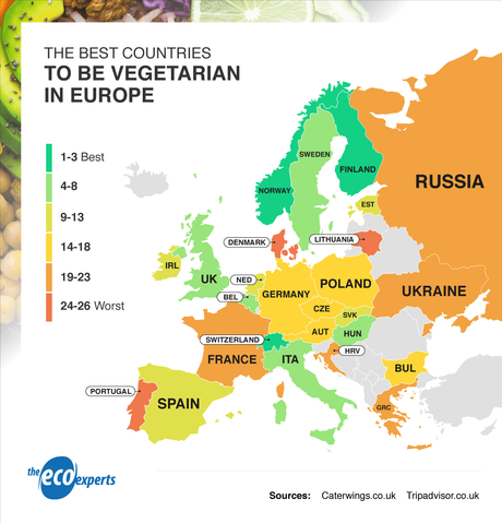 Map showing the best country to be vegetarian in Europe