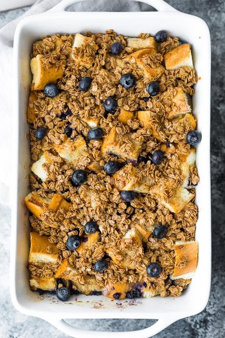 Blueberry Overnight French Toast Bake in a casserole dish