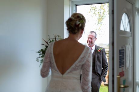 Yorkshire Wedding Photographers at Barmbyfield Barn Bride's dad sees her for the first time. 