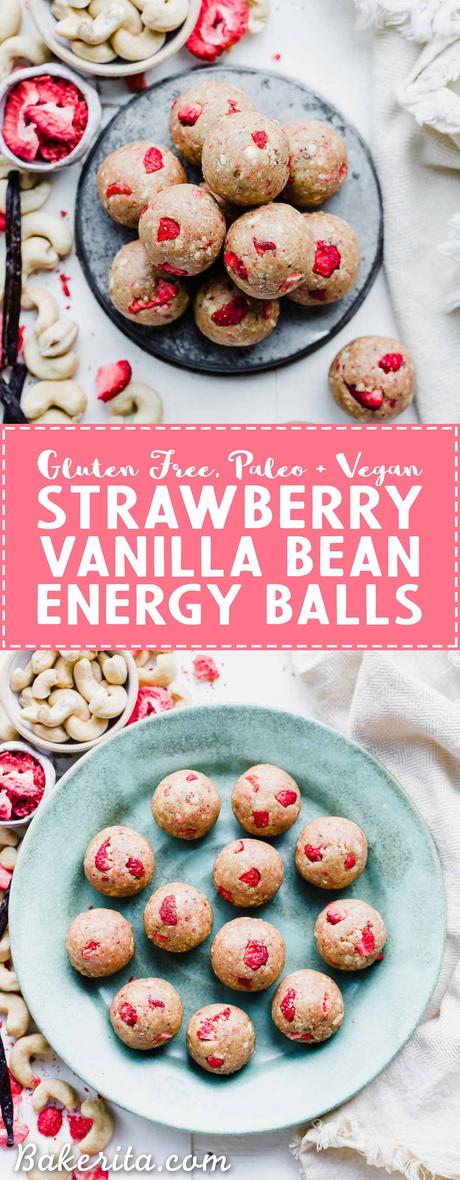 These Strawberry Vanilla Bean Energy Balls are an easy, no-bake snack that tastes like strawberry shortcake! With a base of raw cashews, they're buttery and deliciously flavored with vanilla and strawberries. They're gluten-free, paleo, and vegan, and perfect for bringing on the go.