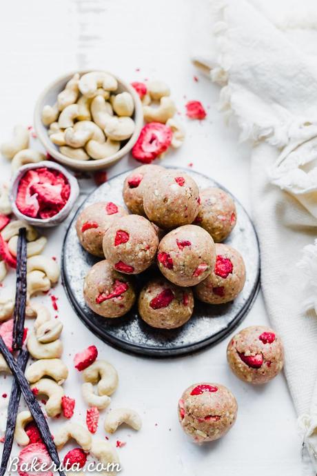 These Strawberry Vanilla Bean Energy Balls are an easy, no-bake snack that tastes like strawberry shortcake! With a base of raw cashews, they're buttery and deliciously flavored with vanilla and strawberries. They're gluten-free, paleo, and vegan, and perfect for bringing on the go.