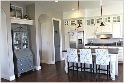 kitchen with white cabinets gray walls dark floors