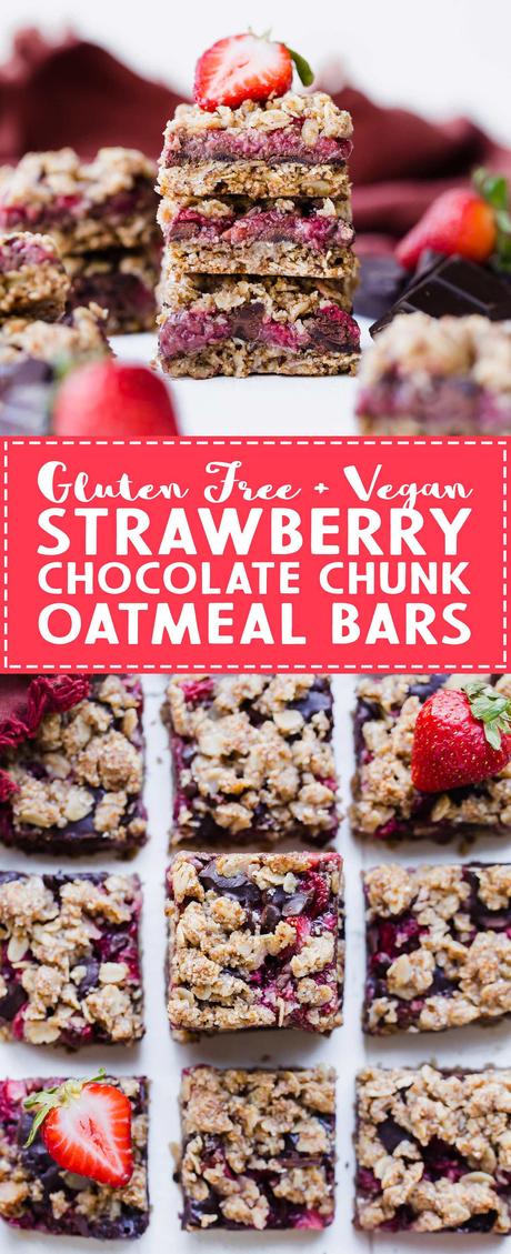 These Strawberry Chocolate Chunk Oatmeal Bars have an oatmeal cookie crust and crumble, filled with fresh strawberries and dark chocolate chunks - it makes for an irresistibly delicious treat! These oatmeal bars are gluten-free, refined sugar-free, and vegan.
