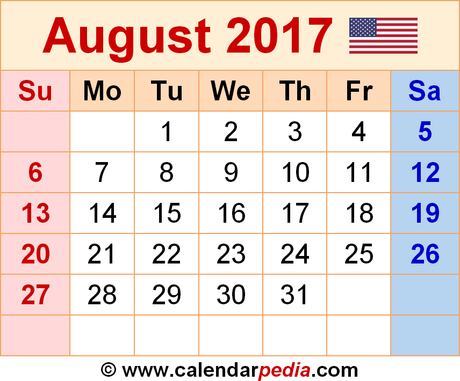 August 2017 Calendars For Word, Excel & Pdf