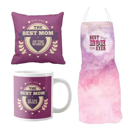 Mothers Day Gifts for Mom, Best Mom Of The World Hamper for Mom Set of 4 - Cushion Cover, Mug with Coaster, Apron 