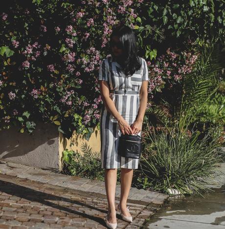 work outfit idea striped linen dress