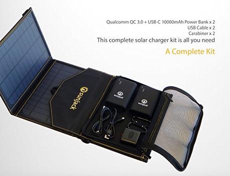 SunJack 20W Solar Charger + 2x10000mAh QC 3.0 Power Banks - Portable Solar Panel with USB for Cell Phones, iPad Battery, Backpacking, Camping, Hiking