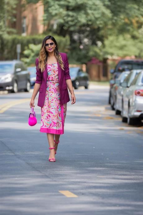 how to wear monochromatic pink, printed seperates zara outfit, pink sam edelman sandals, strappy heels, street style, pink blazer look.,office workwesr, brights, ray ban sunglasses, slit skirt, aldo pink pom pom boag, purple, myriad musings 
