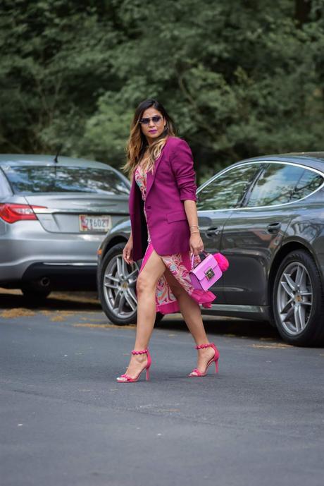 how to wear monochromatic pink, printed seperates zara outfit, pink sam edelman sandals, strappy heels, street style, pink blazer look.,office workwesr, brights, ray ban sunglasses, slit skirt, aldo pink pom pom boag, purple, myriad musings 