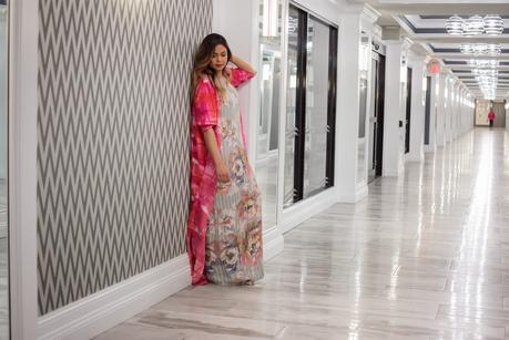 how wear  a maxi dress with cape, kimono style, wedding guest, wedding style, stylist, pumps, mules, rose gold hair, pink kimono style, myriad musings, dc blogger 