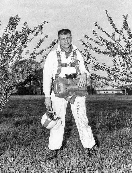 1960 photograph of Walter Reca outfitted for a jump. Reca was a highly skilled skydiver and former U.S. Army Airborne paratrooper who served in the Korean War.