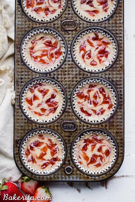 These No Bake Cashew Butter & Jelly Cheesecakes are sweet individual desserts that are lusciously creamy, simple to make, and swirled with strawberry jam. You can customize them with your favorite nut butter and jelly to make them your own! They're gluten-free, paleo and vegan.